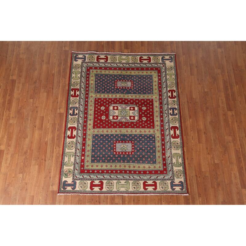 Geometric Kazak Area Rug Handmade Bedroom Wool Carpet - 4'11" x 6'6"