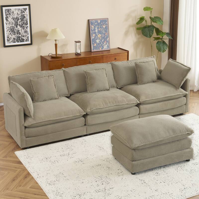 Roomfitters Spacious Modular Corduroy L-Shape Sectional Sofa with Side Storage Pockets for Living Room Convenience