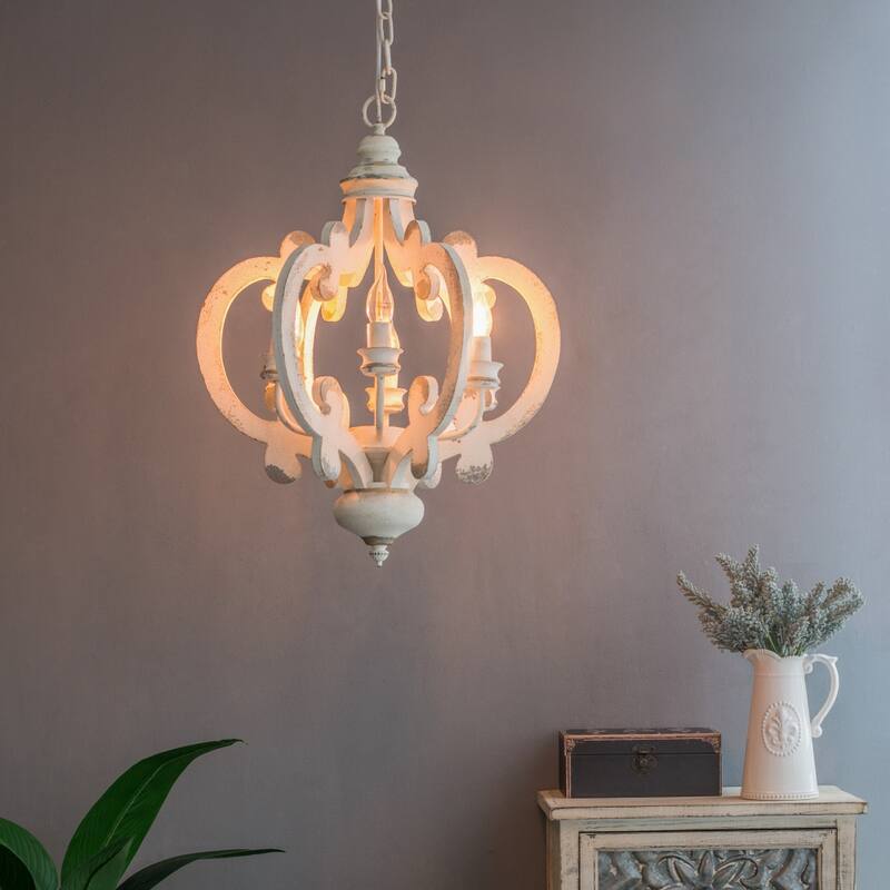 French Country Wood 6-Light Chandelier Fixture with Adjustable Chain - Beige