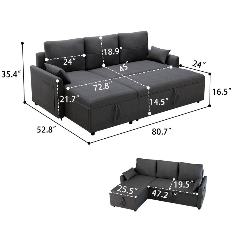 L-Shaped Reversible Sectional Sleeper Sofa with Storage Chaise & Pull-Out Bed