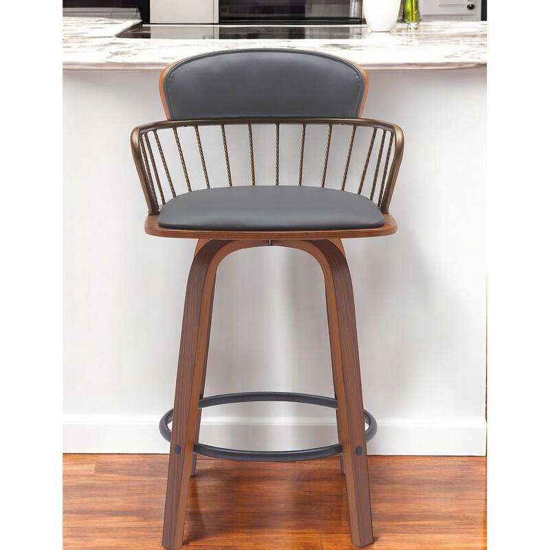 26" Gray And Wood Brown Faux Leather Swivel Low Back Counter Height Bar Chair - Gray