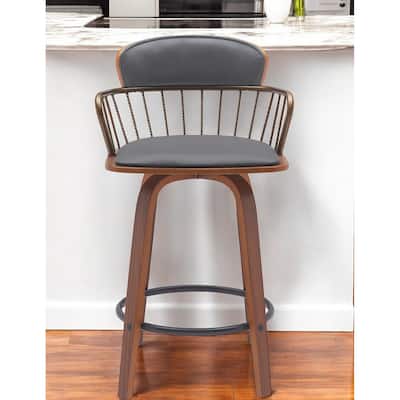 26" Gray And Wood Brown Faux Leather Swivel Low Back Counter Height Bar Chair