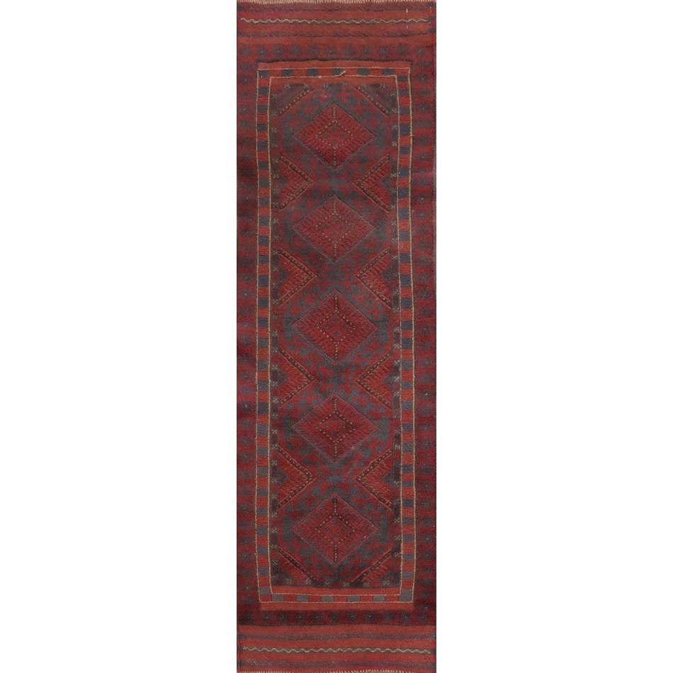 Hand Knotted Oriental 100% Wool Carpet Traditional Tribal Red Balouch Runner Rug - 7' 9'' X 2' 0''
