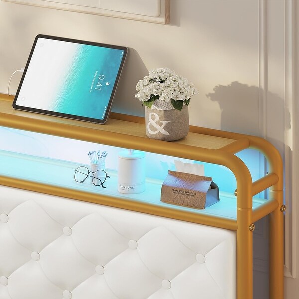 Bed Frame LED Light Headboard Platform Bed Frame Faux