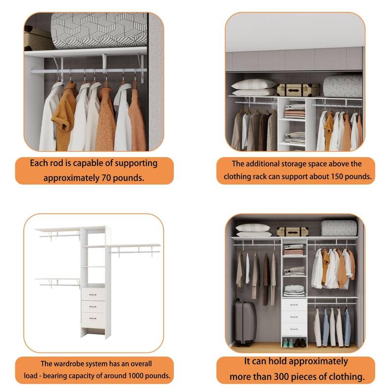 96" White Walk-In Closet System: 3 Shelves, 3 Rods, 3 Drawers,, Organizer