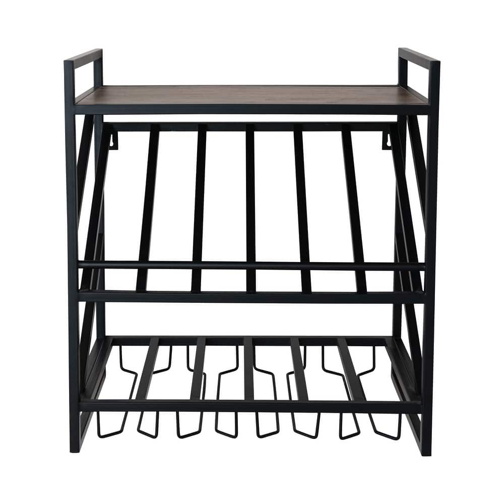 Metal and Mango Wood Wall Shelf with Bottle and Stemmed Glass Holders - 21.25"L x 12.25"W x 23.0"H