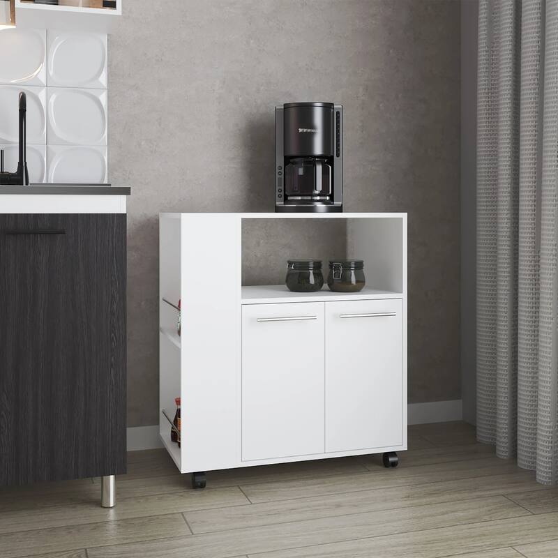 White Kitchen cart with Microwave Shelf and Open Storage