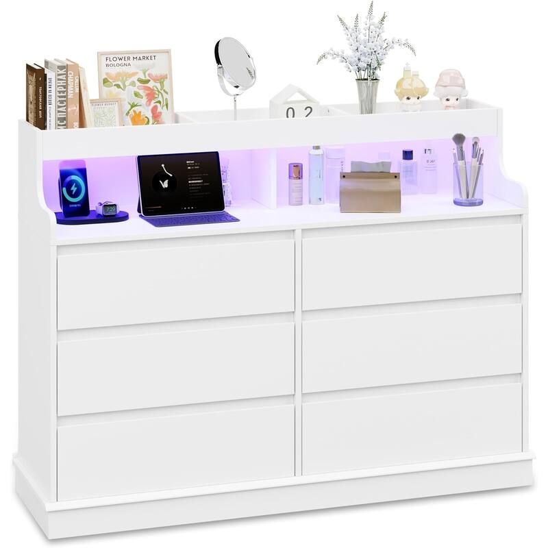 Dresser for Bedroom with 6 Drawers, Modern Chest Featuring LED Lights and Charging Station