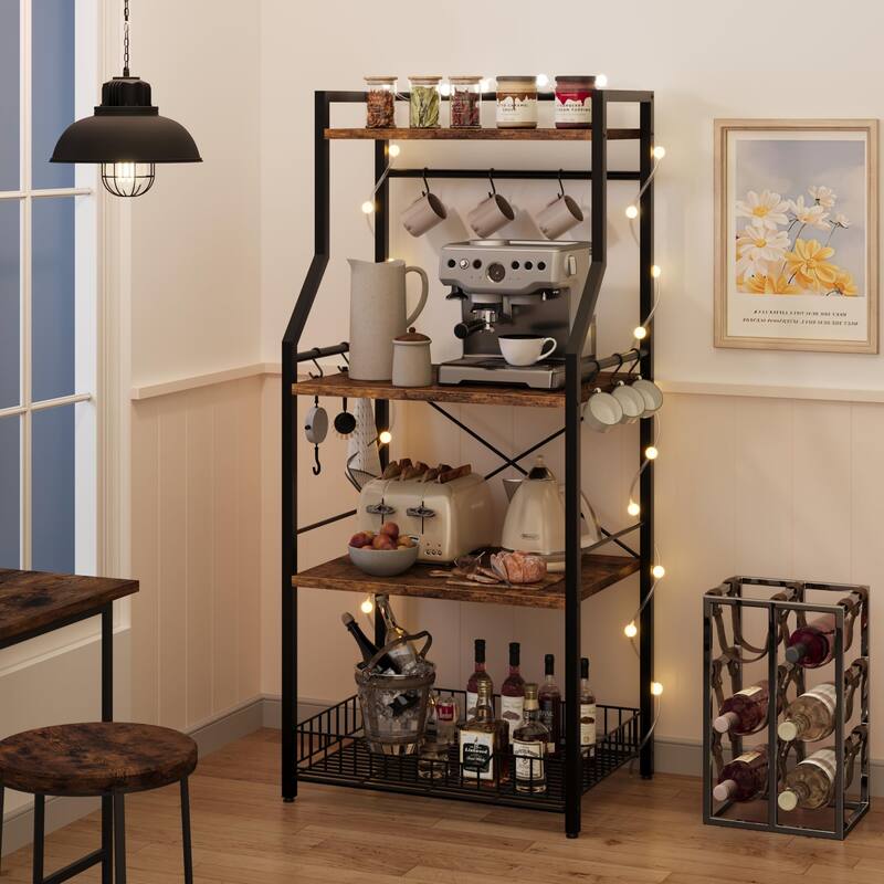 Rustic Kitchen Bakers Rack Microwave Oven Stand with Large Wire Basket - 15.7"D x 23.6"W x 50.7"H