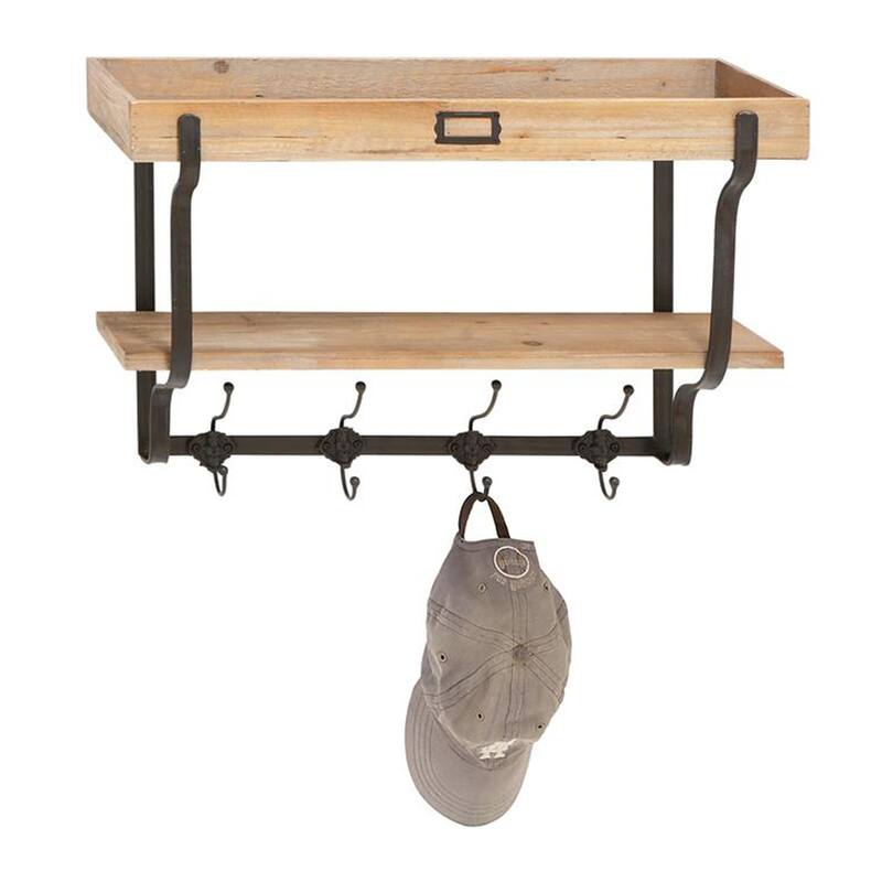 Vintage Appeal Light Brown Wood Farmhouse Wall Shelve with Hooks