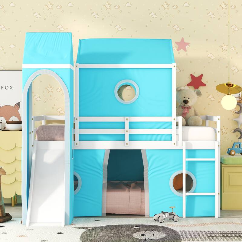 Twin/Full Size Kids Loft Bed with Slide and Tent, House Loft Bed with Tower and Ladder, Wood Loft Bed Playhouse Bed Frame
