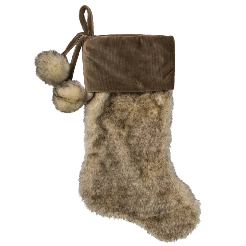 20.5-Inch Brown Christmas Stocking with Corduroy Cuff and Pom Poms - 20.5"