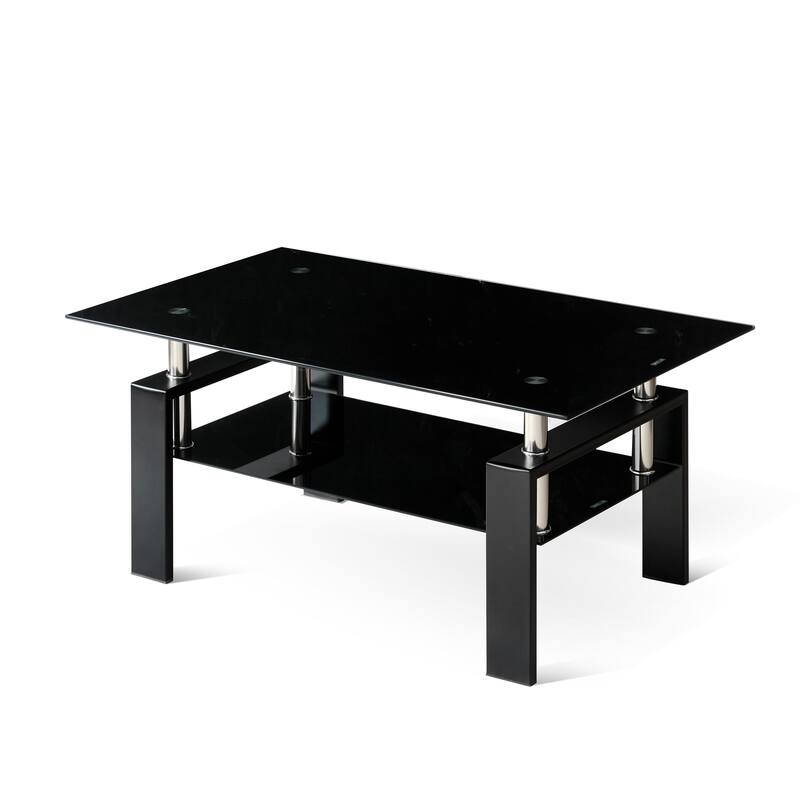 Tempered Glass Coffee Table Dining Table with Open Shelf, 2-Layer End Table Office Table with Sleek Waterfall Edges