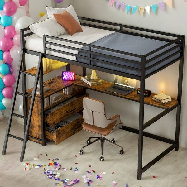 slide 2 of 32, Metal & Wood Twin Size Loft Bed with Built-in Desk,Storage Drawers,LED Lighting and USB Charging Ports Black