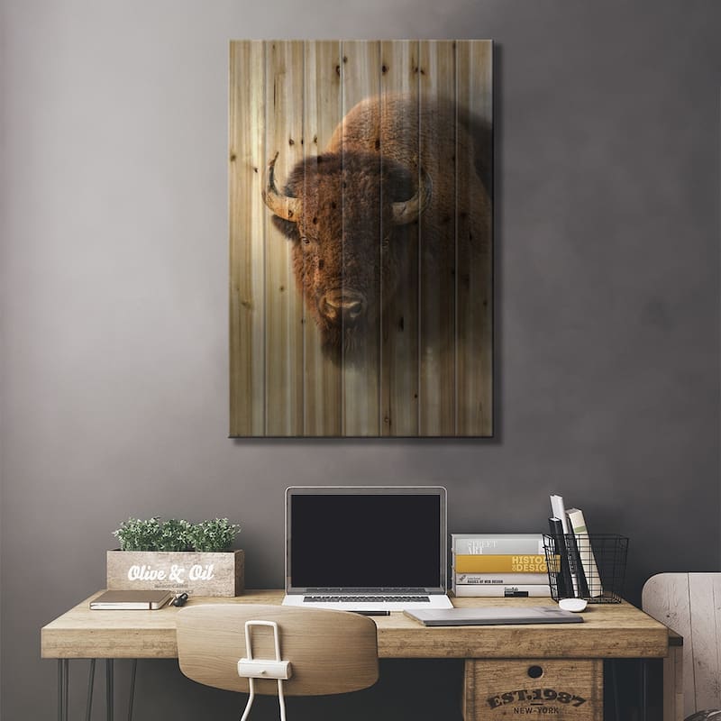 Bison In The Mist Print On Wood by Patsy Weingart - Multi-Color