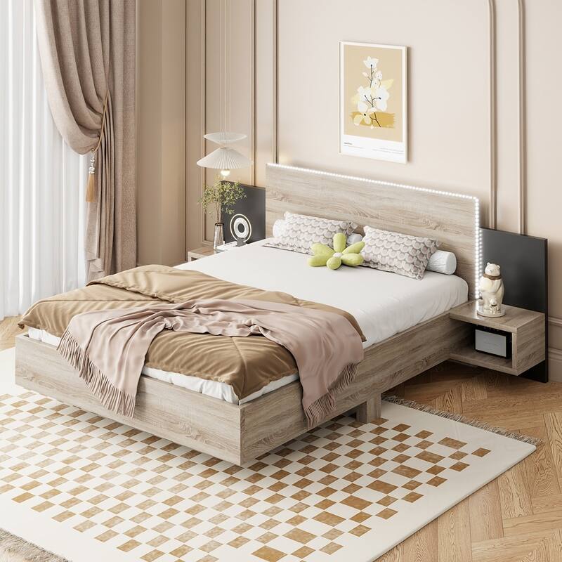 Wooden Floating Platform Bed, with LED Lights and Bedside Nightstand
