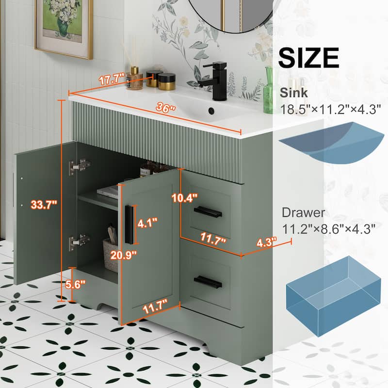 30"/36"/48" Single Bathroom Vanity Set with Drop in Sink Top with Wave Lines