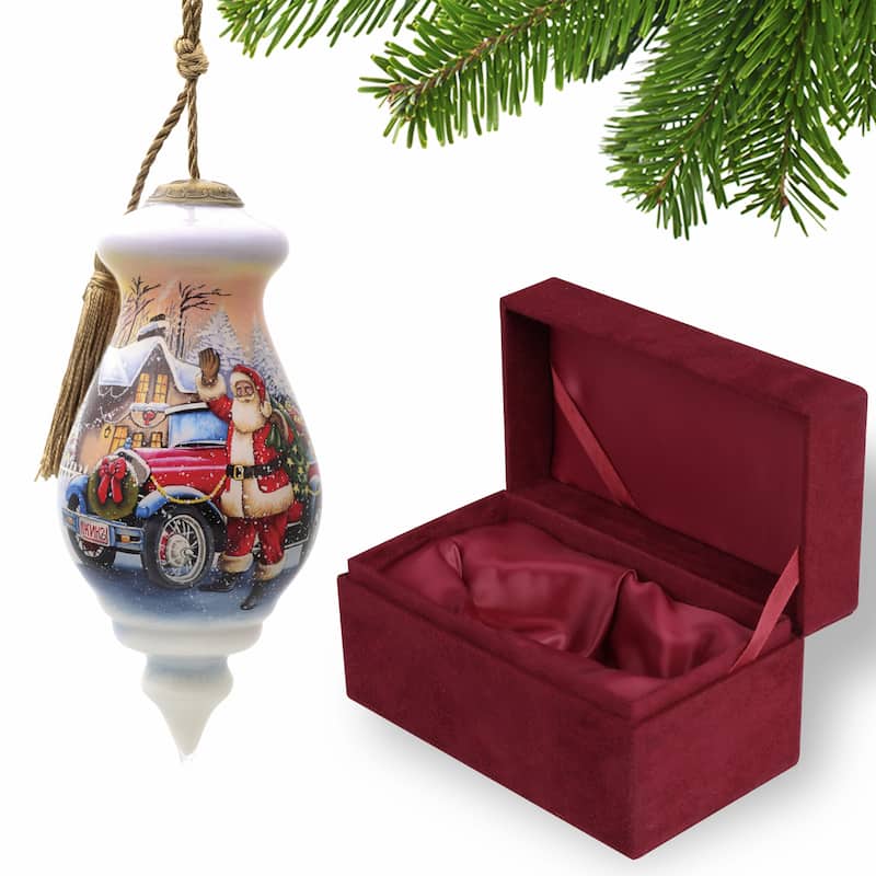 Vintage Car and Santa Waving Hand Painted Mouth Blown Glass Ornament - 6" x 2.75" x 2.75"