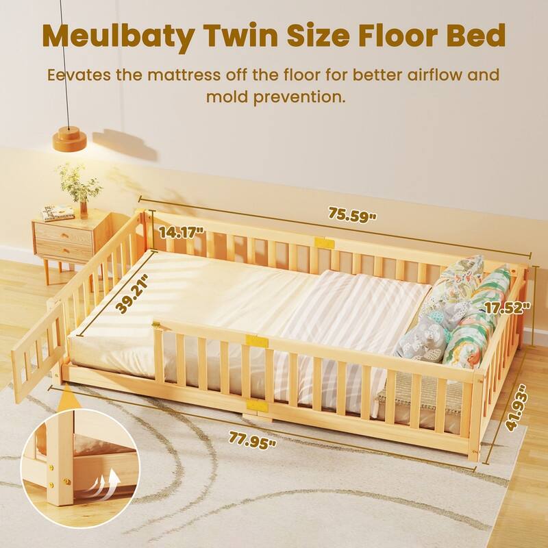 Toddler Floor Bed, Montessori Floor Bed with Rails and Lockable Door