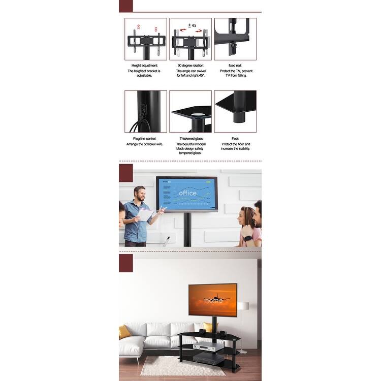 Black Multi-function TV Stand Height Adjustable Bracket Swivel 3-Tier fits 32”-65“TV