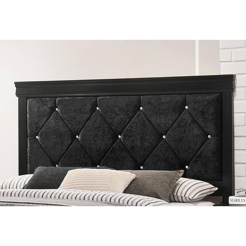 Full Size Wood Modern Panel Bed with Upholstered Headboard and Crystal Button Tufting