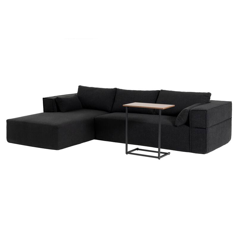 112" Black Boucle 4-Seater Sofa, Free Side Table & 2 Pillows, No Assembly, Fully Compressed