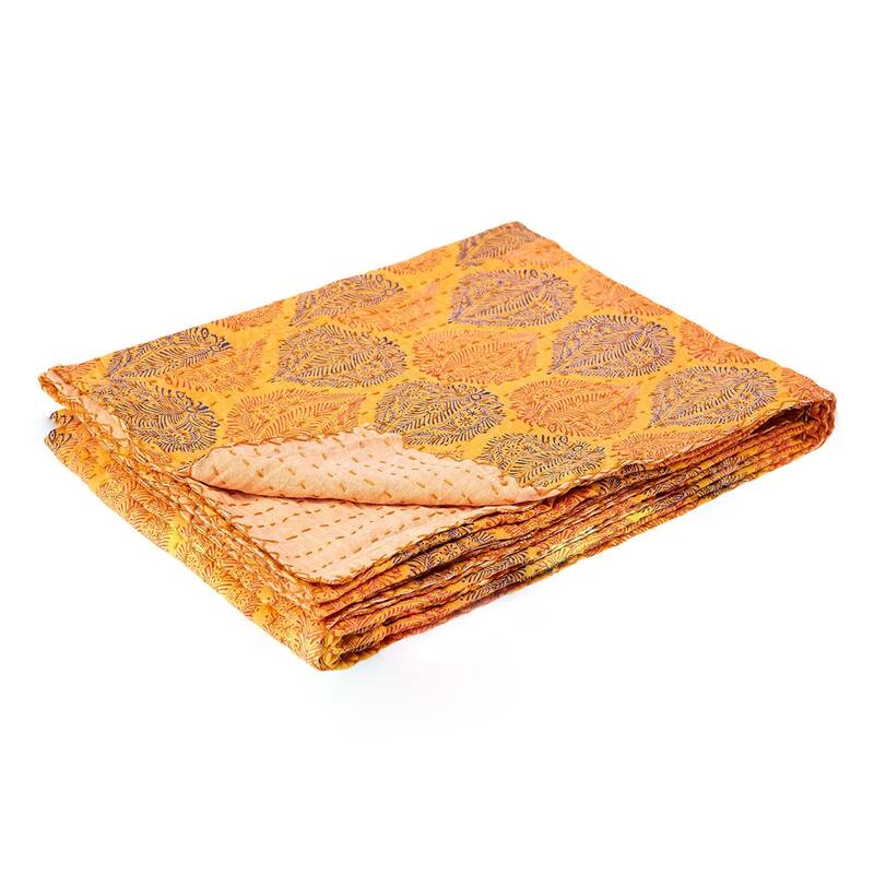 HomeRoots 50" X 70" Yellow and Peach Kantha Cotton Patchwork Throw Blanket with Embroidery