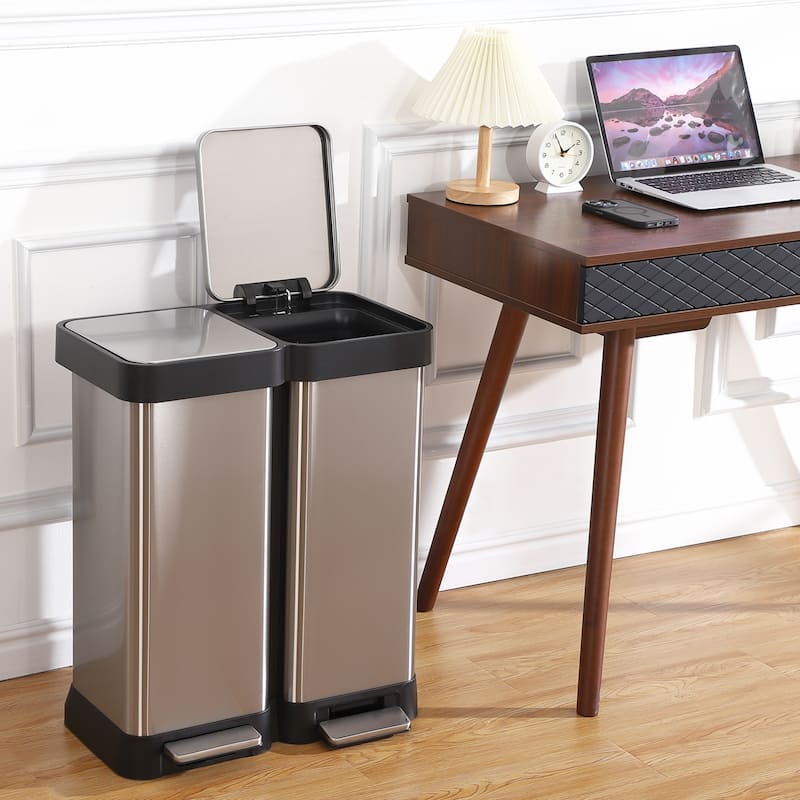 2 x 8 Gallon Dual Compartment Recycling Bins, Kitchen Trash Can - Silver