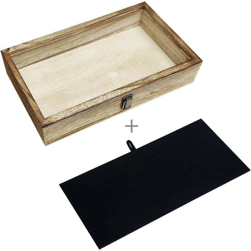 Wooden Jewelry Display Case with Tempered Glass Top & Black Velvet Pad Insert, Wooden Jewelry Tray for Collectibles - S