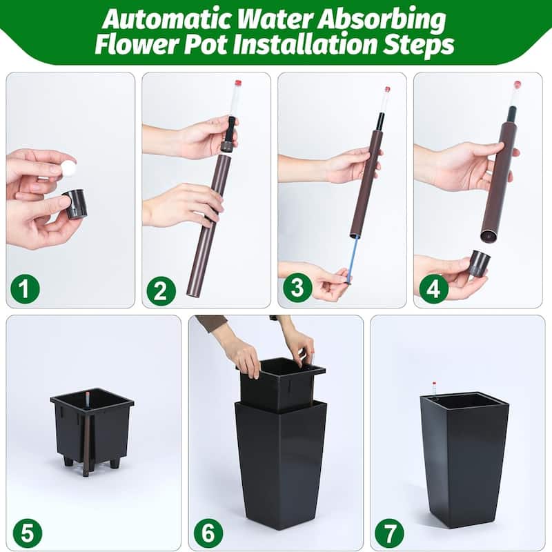 2-Pack 16-Inch Tall Planters with Drainage Holes Water Level Monitor and Inner Bucket Black