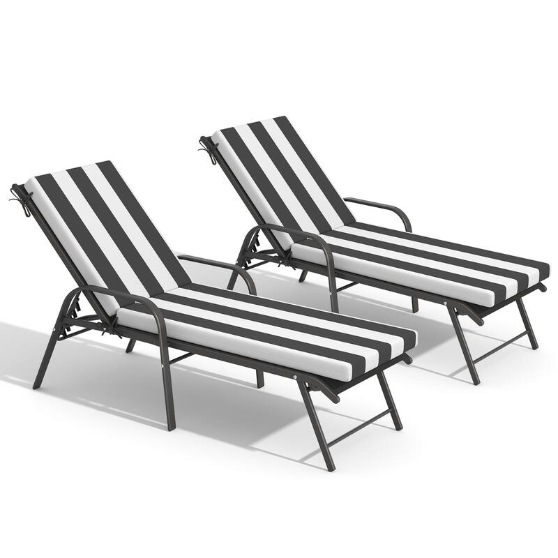 Outdoor Lounge Chairs Chaise Lounge Set with Adjustable Back and Cushions - Black Fabric Chair with Black&White Cushion