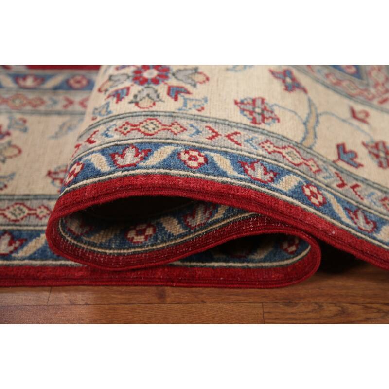 Hand Knotted Oriental 100% Wool Carpet Traditional Geometric Navy Blue & Blues Kazak Area Rug - 9' 6'' X 6' 8''