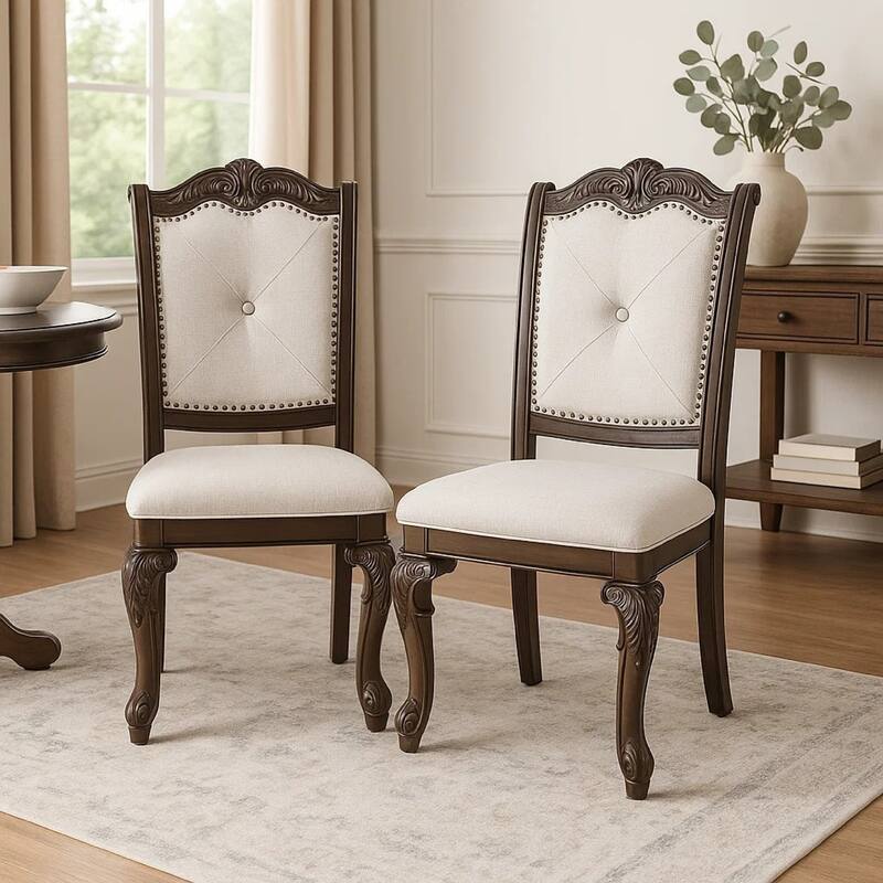 Side Dining Chair Set of 2, Beige Linen, Scrolled Coffee Brown Wood