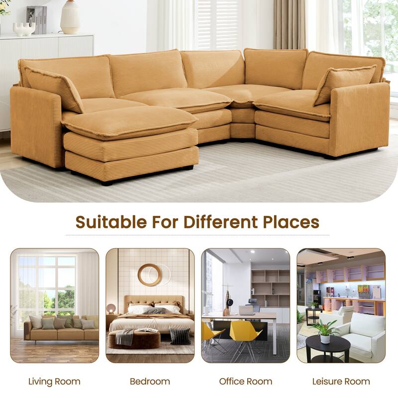 5-Seater Corduroy Sectional Sofa with a Removable Ottoman & Corner Seat, Soft & Comfortable - 4 Seats with 1 Ottoman