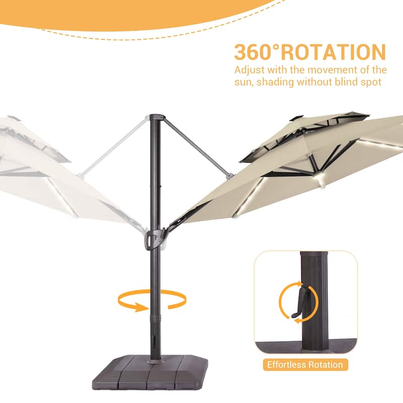 LIVOOSUN 11Ft LED Patio Hanging Double Top Octagon Cantilever Umbrella with 360-degree Rotating Canopy, Red