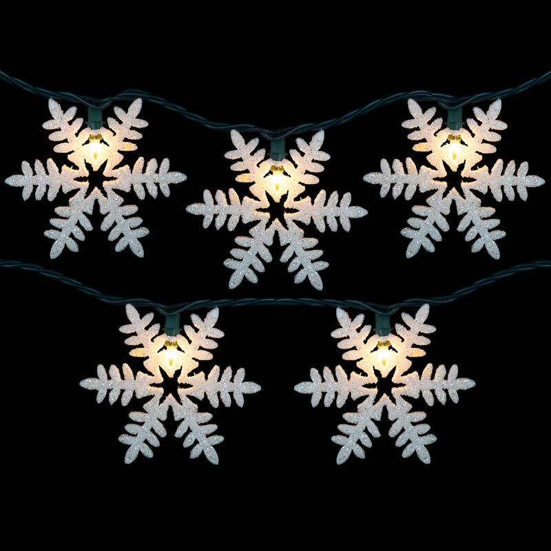 10-Count White Glittered Snowflake Christmas Light Set, 6ft Green Wire