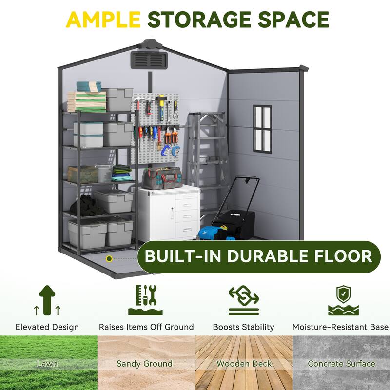 EROMMY Outdoor Storage Shed with Built-In Floor, Lockable Double Doors & Sloped Roof, Gray/Black