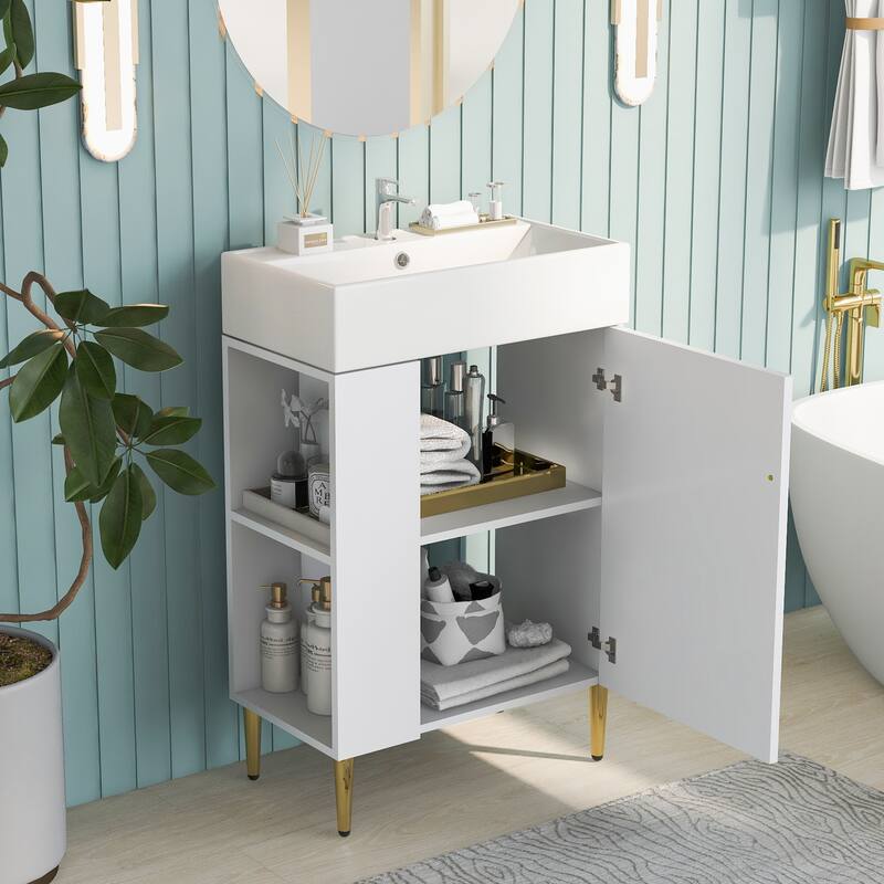 Lordear White MDF Single Sink Freestanding Bathroom Vanity with Ceramic Top Open Side Storage