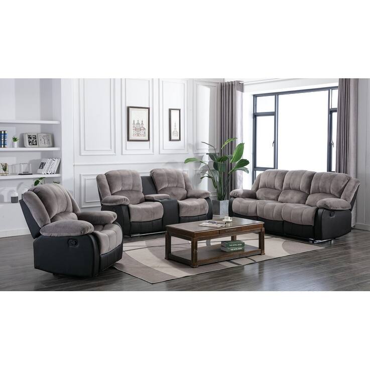 NHI 3 Pieces Fabric & PU Leather Recliner Sofa Set , Chocolate,Beigh,Grey - 121*113*38
