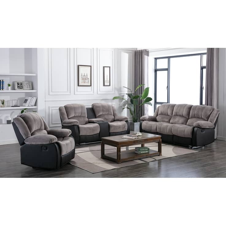 NHI 3 Pieces Fabric & PU Leather Recliner Sofa Set , Chocolate,Beigh,Grey - 121*113*38