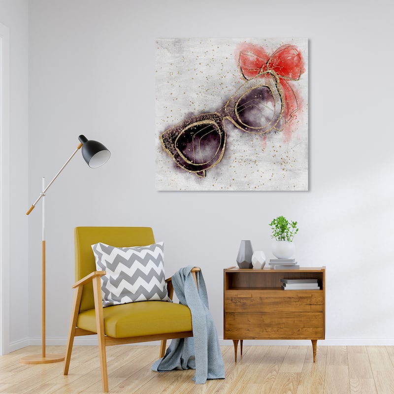 Wynwood Studio Canvas Fashion and Glam Gold Sparkle Ribbon Sunglasses Gold and Metallic Gold Glam Wall Art Canvas Print - 30 x 30