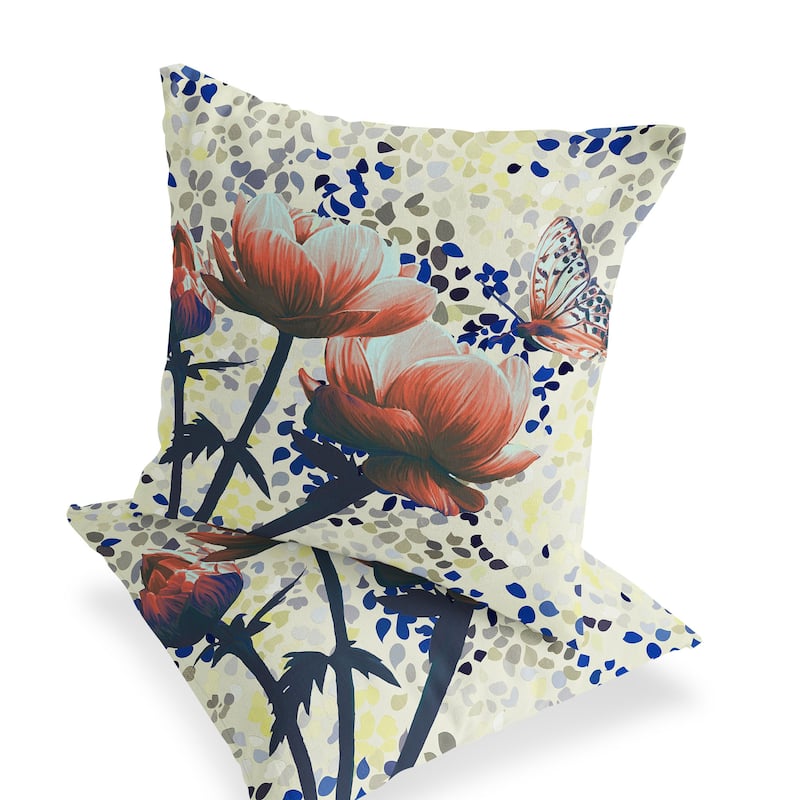 HomeRoots Set of Two 16" X 16" Green and Yellow Butterfly Blown Seam Floral Indoor Outdoor Throw Pillow