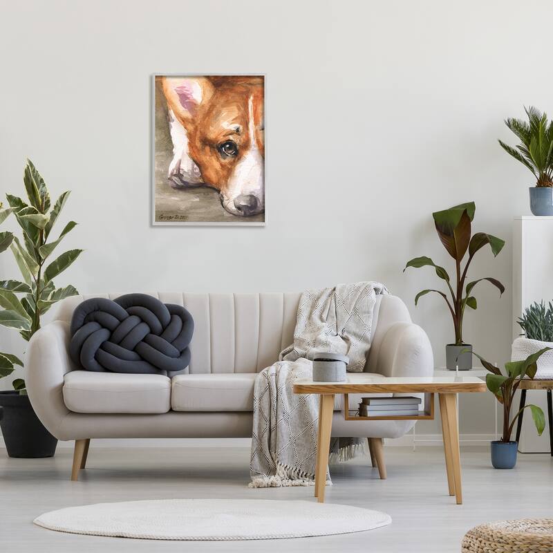 Stupell Pleasant Corgi Puppy Dog Gazing Lying Down Framed Wall Art, Design by George Dyachenko - Tan