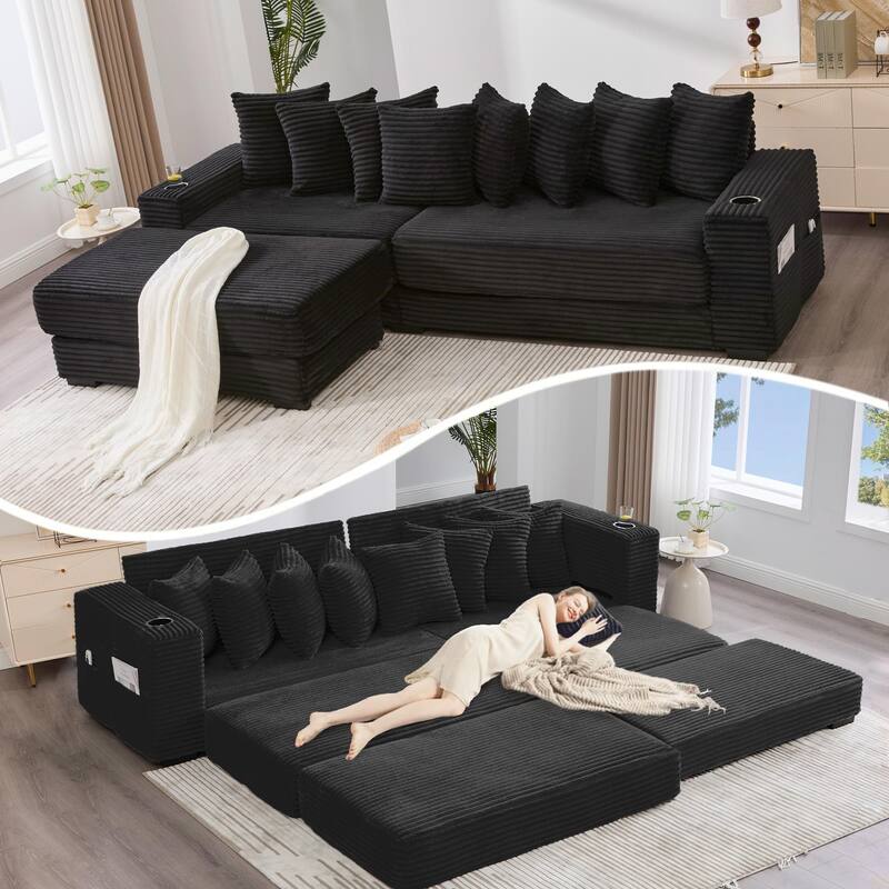 110.75" Corduroy Sectional Sofa, Convertible Sleeper Sofa Bed L-Shaped Upholstered Couch with Removable Footstool, Cup Holder - Black