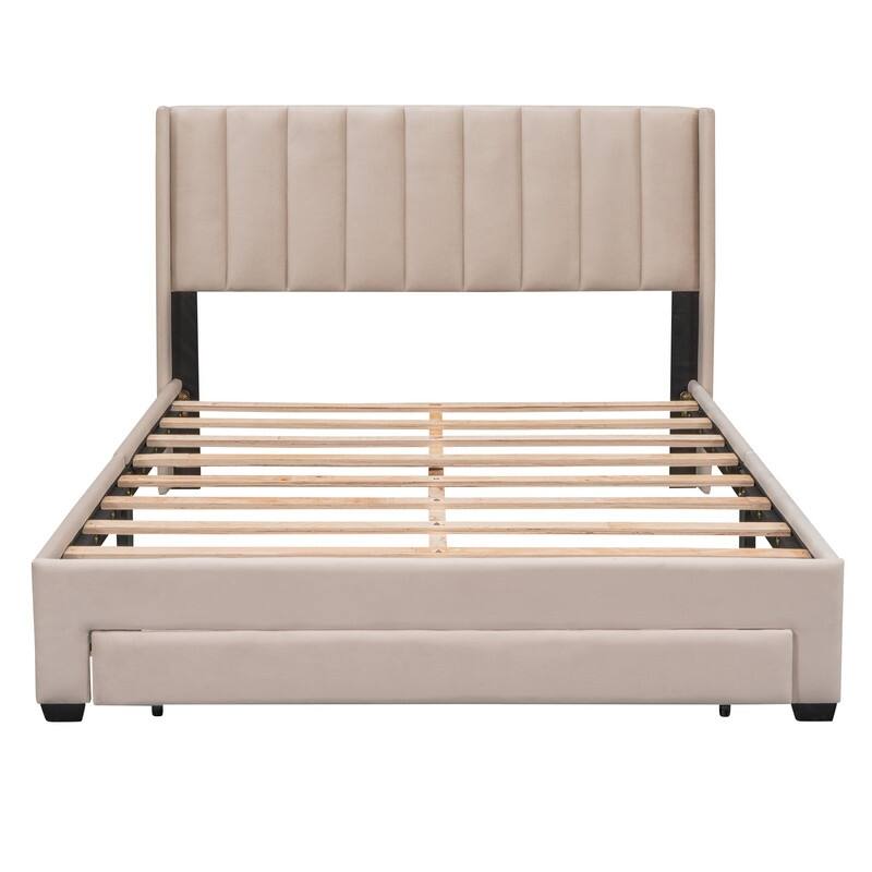 Queen Size Storage Bed Velvet Upholstered Platform Bed with a Big Drawer
