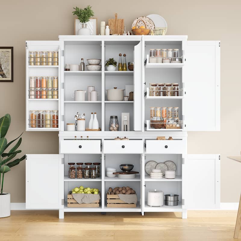 75" Farmhouse Kitchen Pantry Cabinet with Door Shelves, Large Freestanding Cupboard with Pull-Out Trays - White