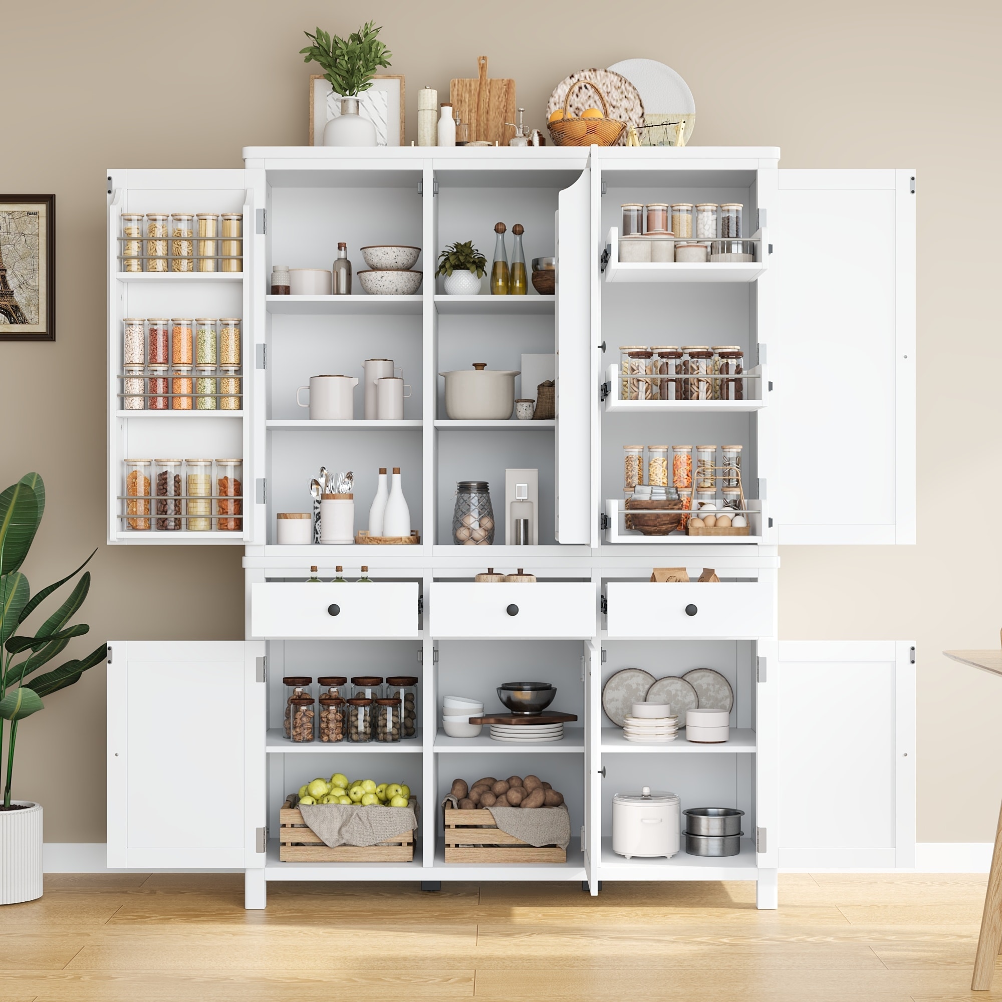 Farmhouse High Freestanding Kitchen Pantry with Door Shelves,Adjustable Shelves, Pull-out Trays and Drawers