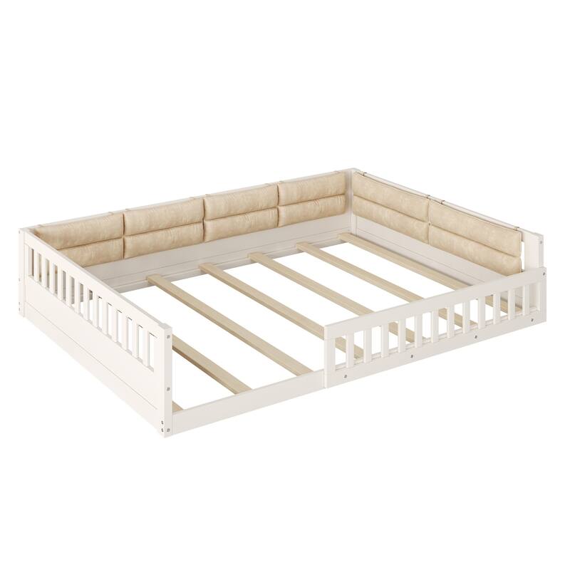 Full Size Upholstered Platform Bed with Guardrail and Pillow, Beige
