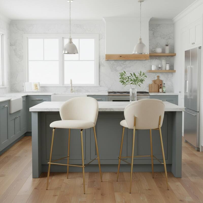 Roomfitters Kira Indoor Upholstered Bar Stools with Gold Plated Metal Legs, Fabric Set of 2 - Set of 2 - Beige+Gold