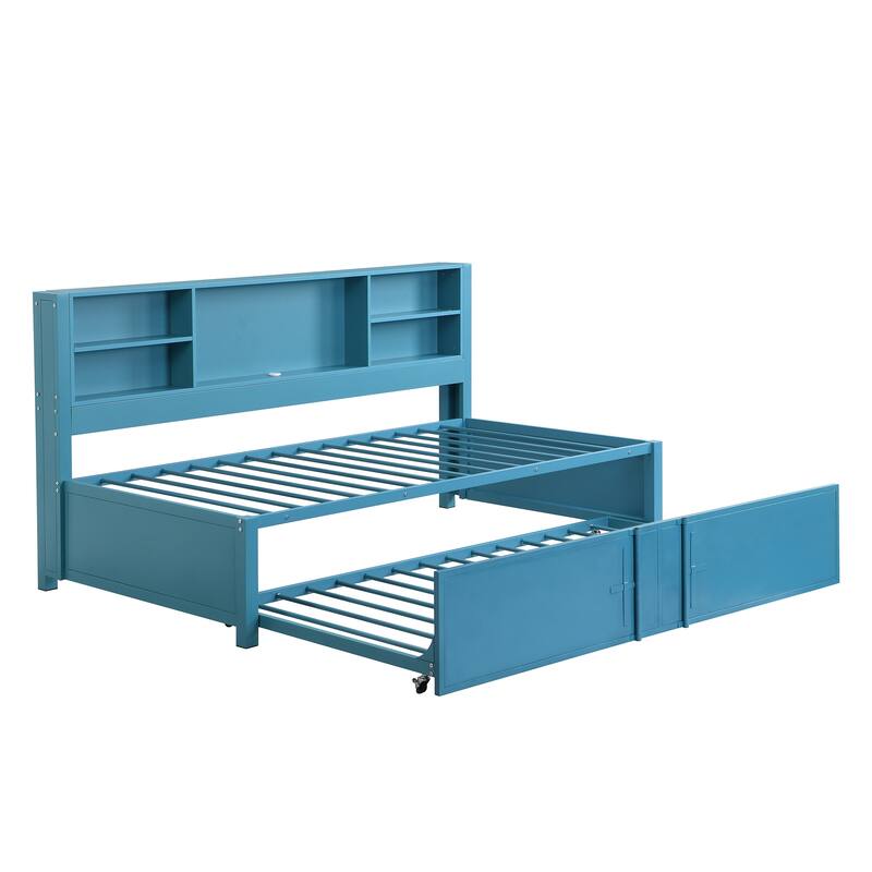 Blue Metal Twin Size Daybed with Trundle, Storage Shelves, and USB Ports, No Box Spring Needed